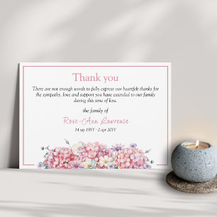 Pink watercolor hydrangea summer flowers funeral thank you card