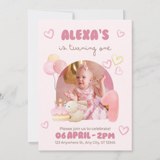 Pink Watercolor Illustrative Cute One YearBirthday Invitation (Front)