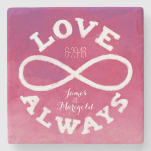 Pink Watercolor Infinity Love Wedding Date, Names Stone Coaster