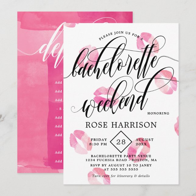 Pink Watercolor Kisses Bachelorette Weekend Invitation (Front/Back)