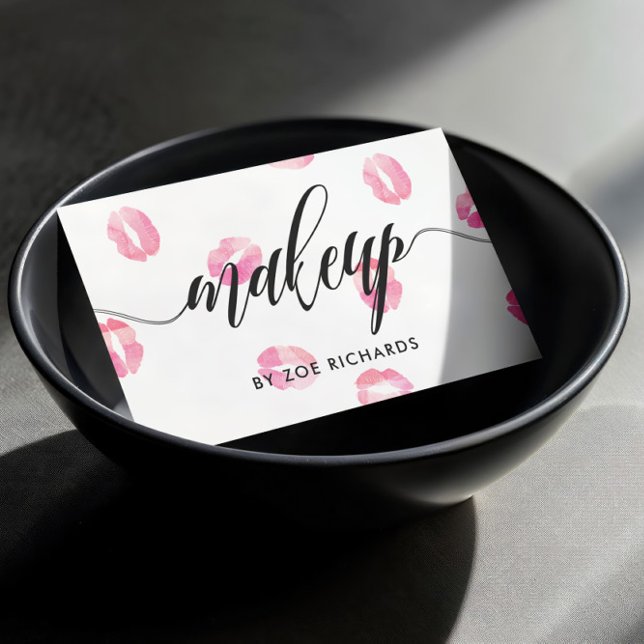 Pink Watercolor Kisses | Calligraphy Makeup Artist Business Card (Creator Uploaded)