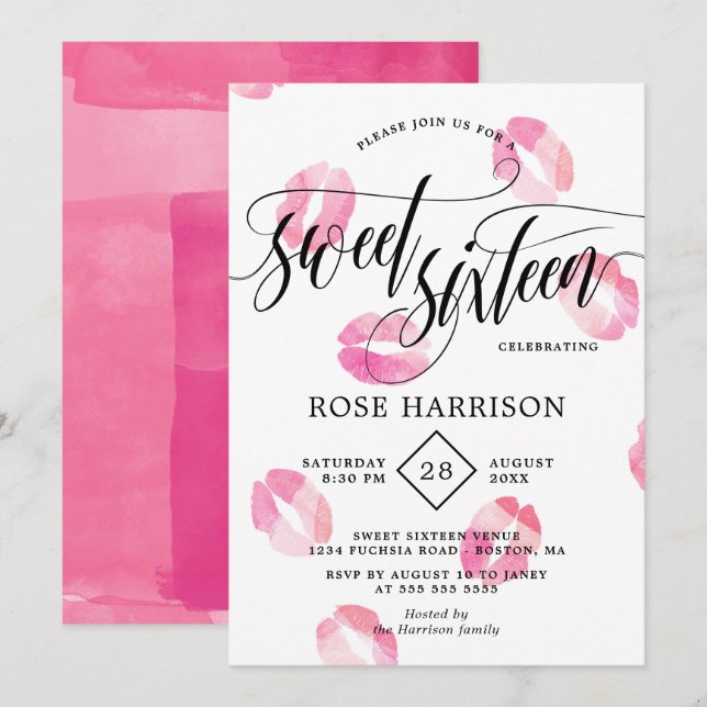 Pink Watercolor Kisses Sweet Sixteen Invitation (Front/Back)