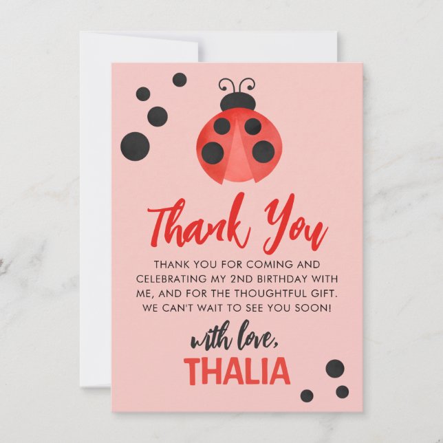 Pink Watercolor Ladybug Thank You Card (Front)