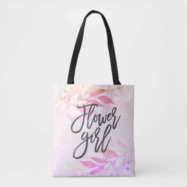 Pink Watercolor Leaf Botanical Wedding Flower Girl Tote Bag (Front)