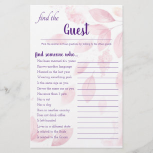 Pink Watercolor Leaves Find the Guest Game Card