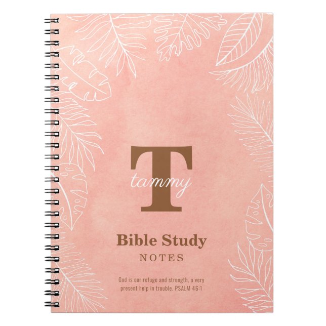 Pink Watercolor Leaves Monogram Bible Study Notebook (Front)