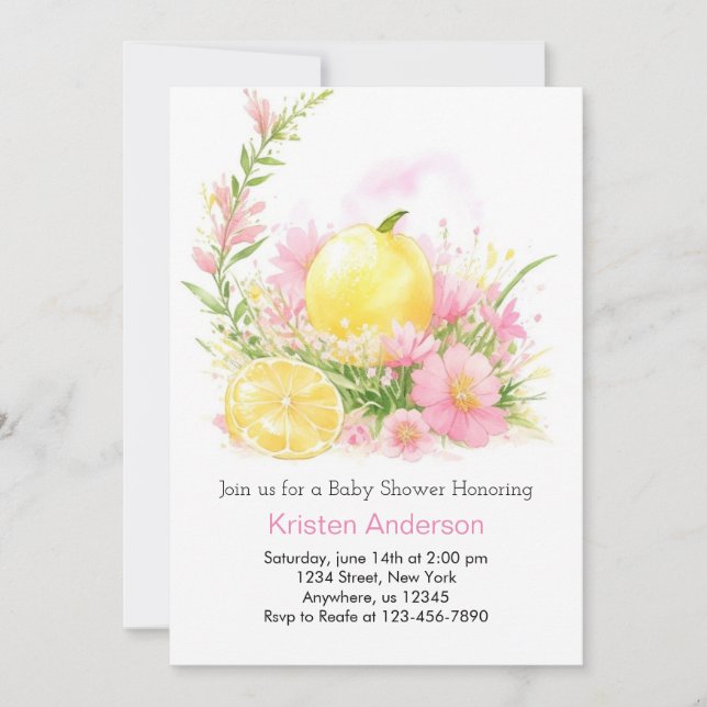 Pink Watercolor Lemonade Girl Baby Shower Invitation (Front)