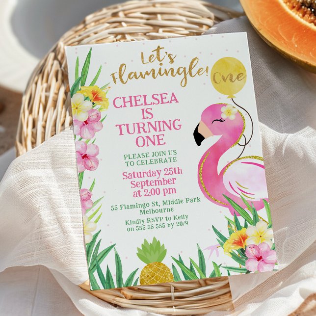 Pink Watercolor Let's Flamingle 1st Birthday Invitation (Let's Flamingle 1st Birthday Invitation, Pink Flamingo Birthday Invitation Editable, Flamingo Themed)
