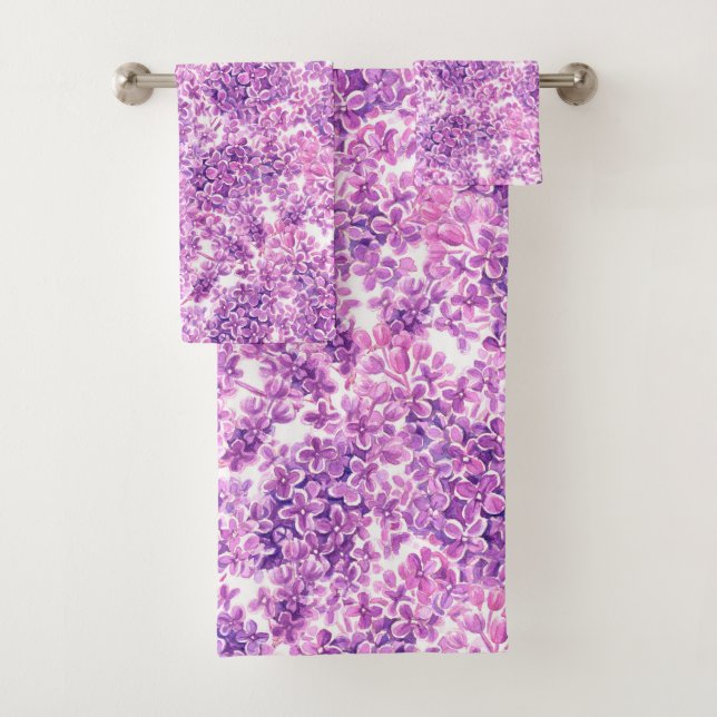 Pink watercolor lilac flowers bath towel set (Insitu)