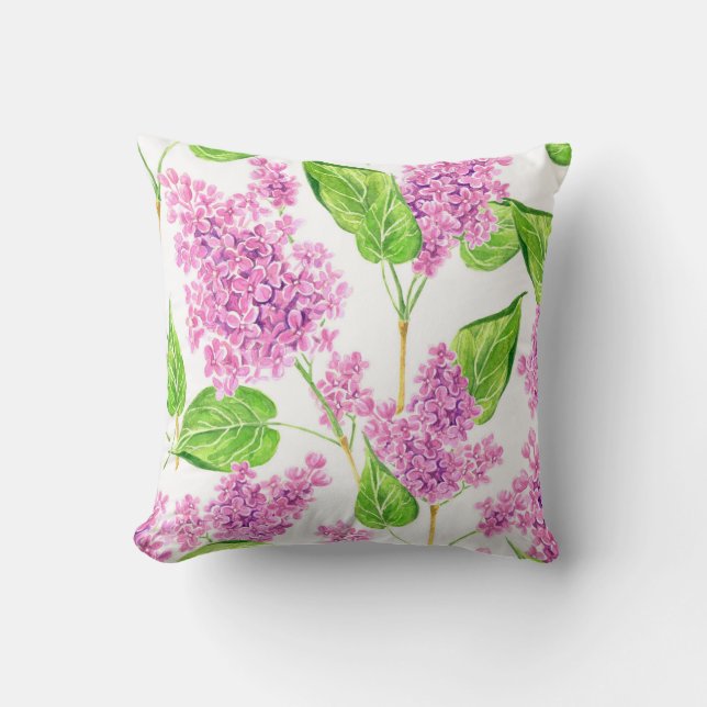 Pink watercolor lilac flowers cushion (Front)