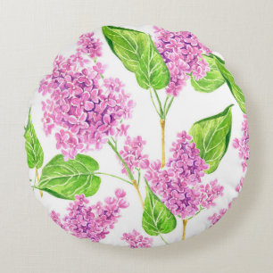 Pink watercolor lilac flowers round cushion