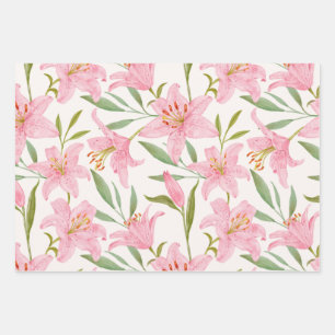 Pink Watercolor Lily Flowers Botanical Wrapping Paper Sheet
