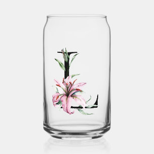 Pink Watercolor Lily Monogram Can Glass