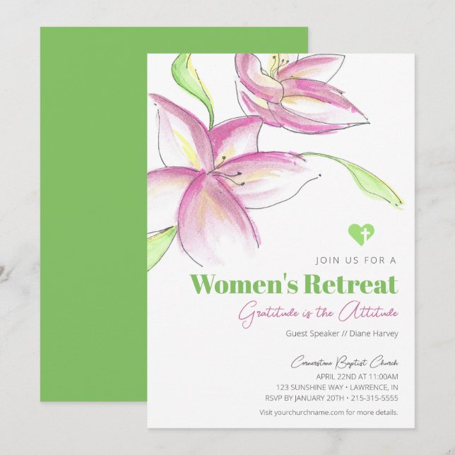 Pink Watercolor Lily Women's Church Retreat Invitation (Front/Back)