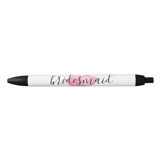 Pink Watercolor Lips Kiss Bridesmaid Black Ink Pen (Front)