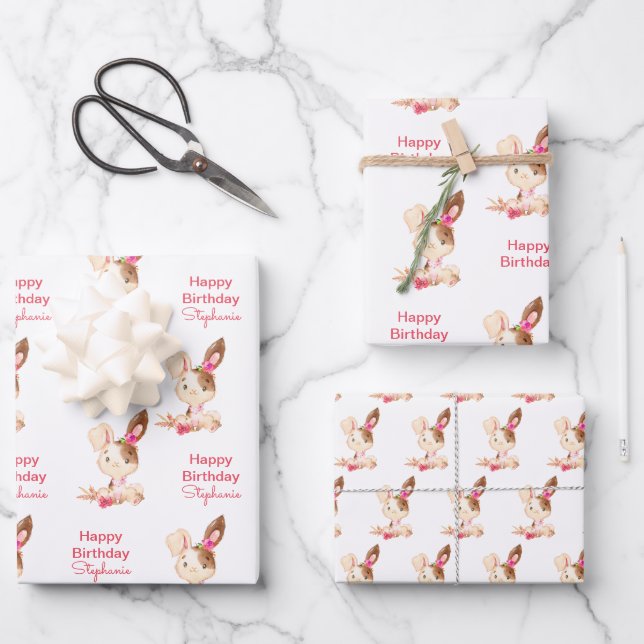 Pink Watercolor Little Bunny Wrapping Paper Sheet (Front)