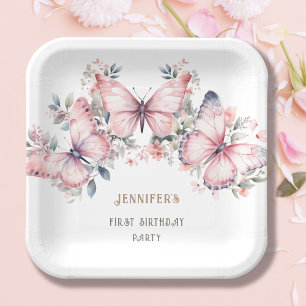 Pink Watercolor Little Butterfly Girl 1st Birthday Paper Plate