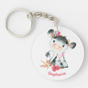 Pink Watercolor Little Cow Key Ring