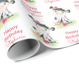 Pink Watercolor Little Cow Wrapping Paper
