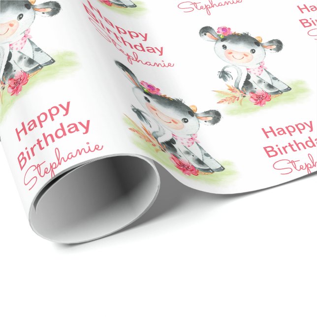 Pink Watercolor Little Cow Wrapping Paper (Roll Corner)