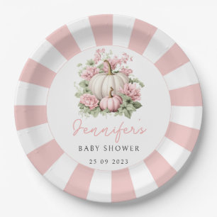 Pink watercolor little pumpkin baby girl shower paper plate