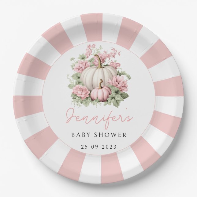 Pink watercolor little pumpkin baby girl shower paper plate (Front)