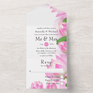 Pink Watercolor Lotus Flower Indian Wedding All In One Invitation
