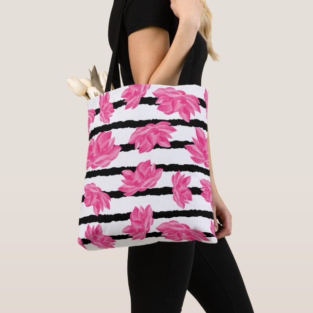 Pink Watercolor Lotus Flower Pattern Tote Bag (Close Up)