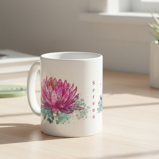 Pink Watercolor Lotus Flower with Name Coffee Mug (Creator Uploaded)
