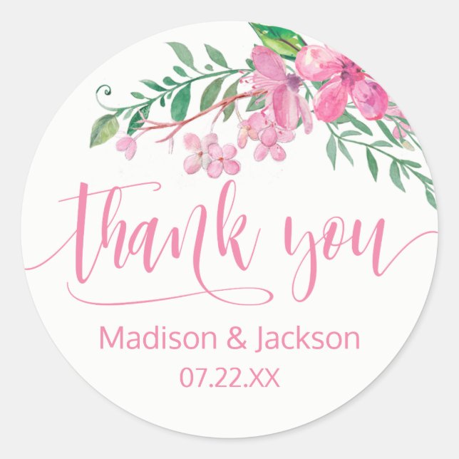 Pink Watercolor Love Blossoms Wedding Favour Classic Round Sticker (Front)