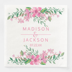Pink Watercolor Love Blossoms Wedding Monogram Napkin