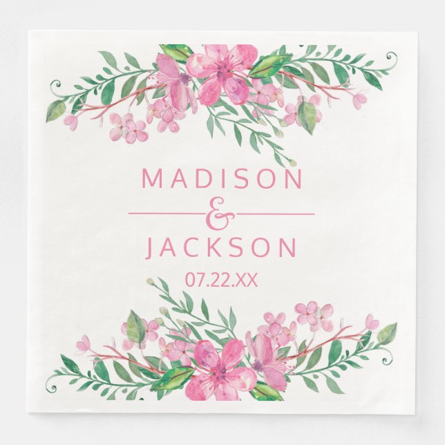 Pink Watercolor Love Blossoms Wedding Monogram Napkin (Front)