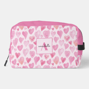 Pink watercolor love heart dopp kit