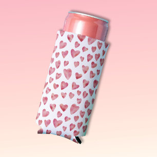 Pink Watercolor Love Heart Pattern Can Cooler