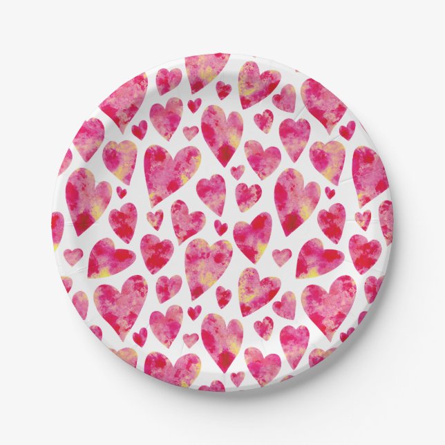 Pink Watercolor Love Heart pattern Paper Plate (Front)