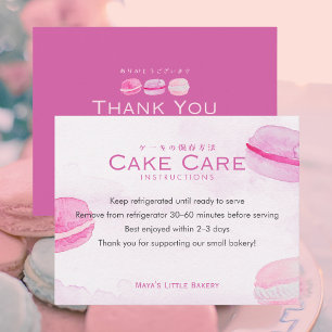 Pink Watercolor Macaron Cake Care Instructions Thank You Card