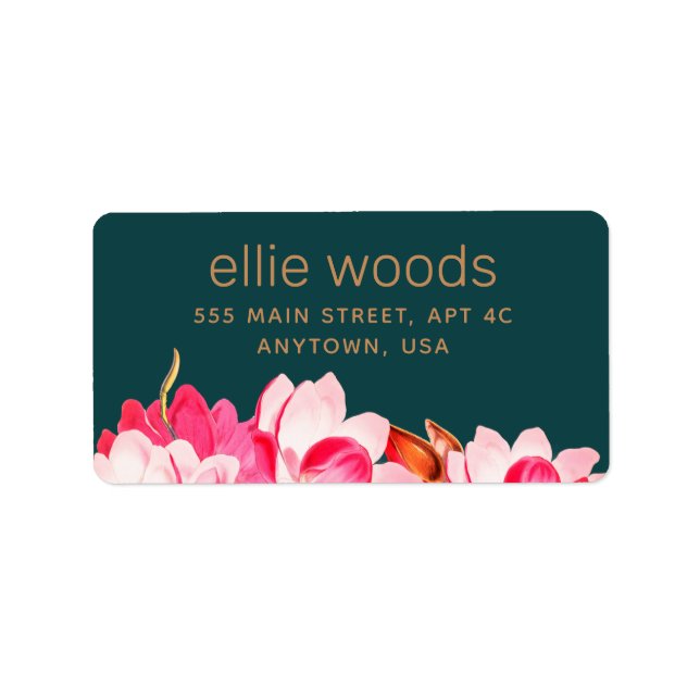 Pink Watercolor Magnolia Floral Teal  Address  Label (Front)