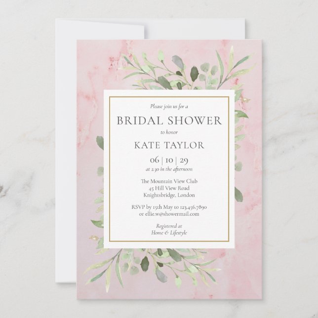 Pink Watercolor Marble Greenery Bridal Shower Invitation (Front)