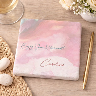 Pink Watercolor Minimalist Elegant Retirement Gift Stone Coaster