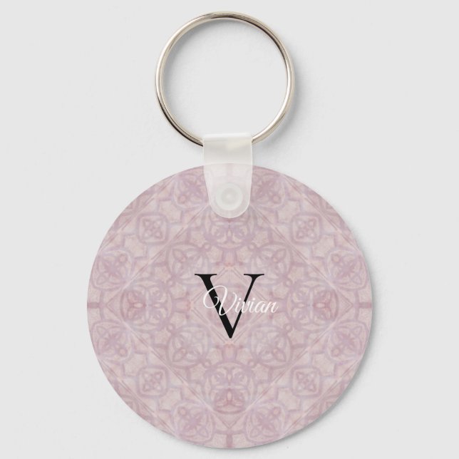 Pink Watercolor Monogram Name  Key Ring (Front)