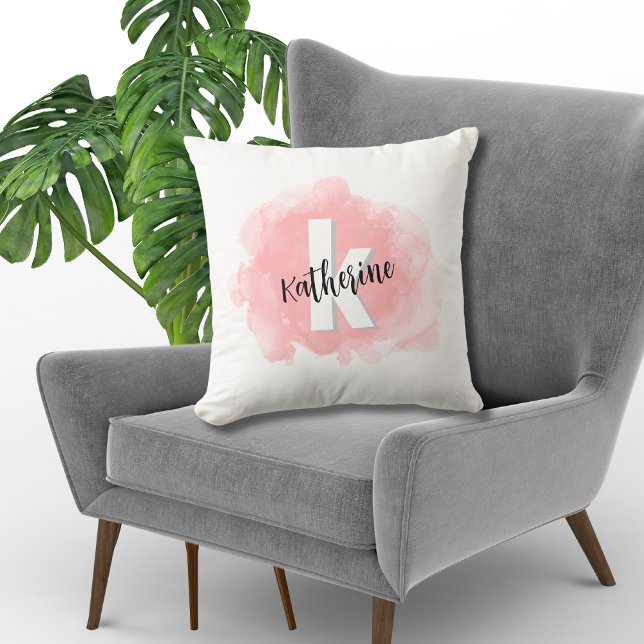 Pink Watercolor Monogrammed Cushion (Modern Pink Watercolor Monogrammed Throw Pillow)