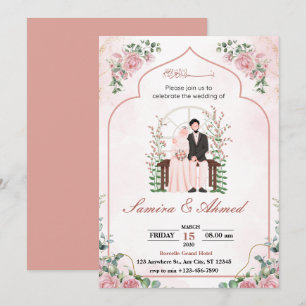 Pink Watercolor muslim wedding invitation cards