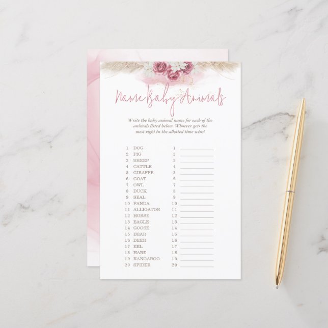 Pink Watercolor Name Baby Animals Baby Shower Game (Front/Back In Situ)