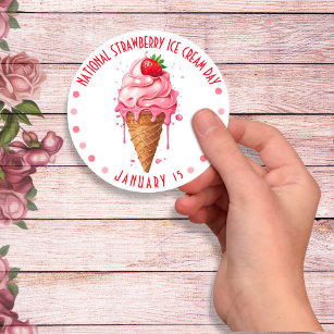 Pink Watercolor National Strawberry Ice Cream Day Classic Round Sticker