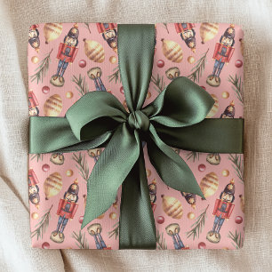 Pink Watercolor Nutcracker Pine Christmas Wrapping Paper