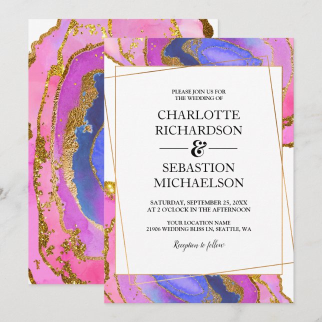 Pink Watercolor Ombre Gold Agate Wedding Invitation (Front/Back)