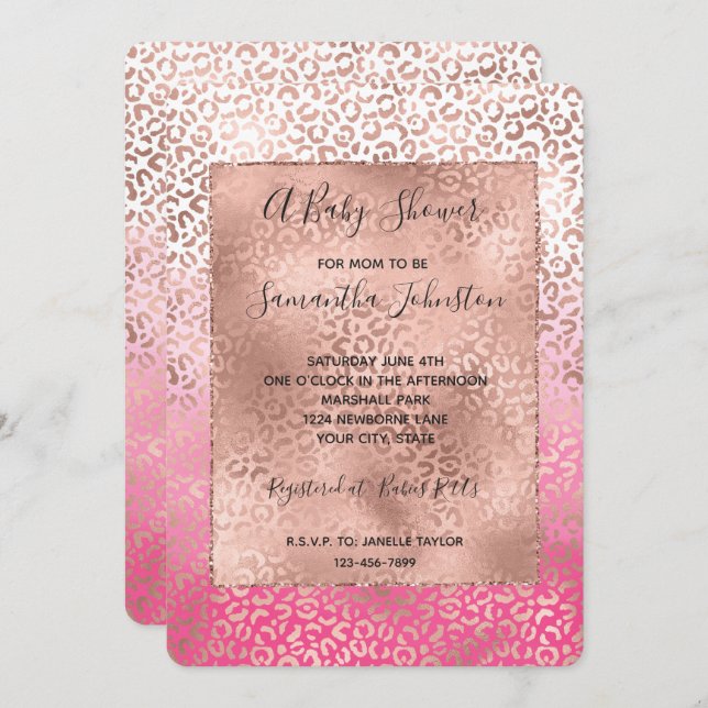 Pink Watercolor Ombre Leopard Print Baby Shower Invitation (Front/Back)