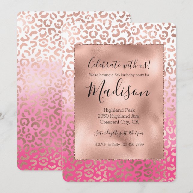 Pink Watercolor Ombre Leopard Print Invitation (Front/Back)
