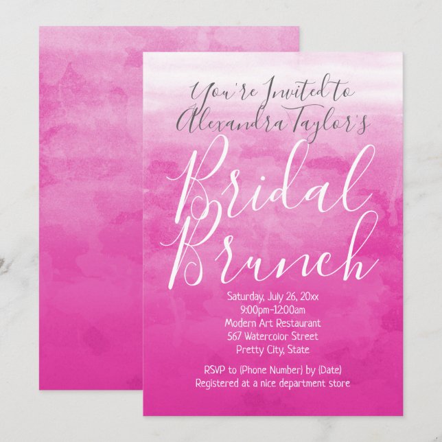 Pink Watercolor Ombre Modern Bridal Brunch Shower Invitation (Front/Back)