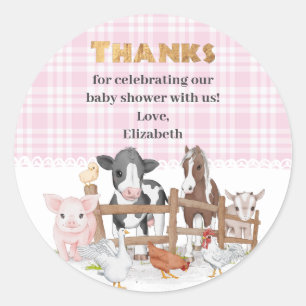 Pink Watercolor On The Farm Animals Baby Shower Classic Round Sticker